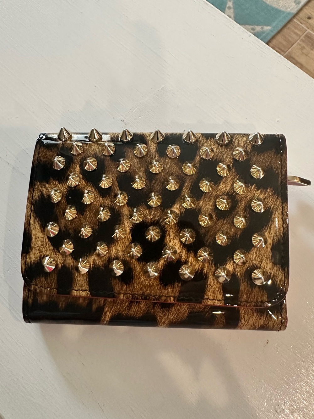 Christian Louboutin Spiked Leopard Patent Trifold Wallet Like New